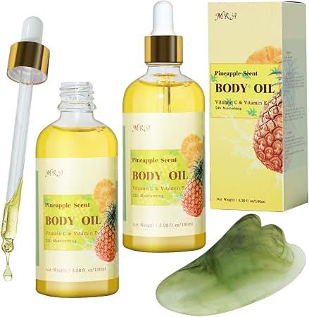 MR.A 2 Pack Pineapple Juice Scented Body Oil, Vitamin E Hydrating Body Oil, Pineapple GUASHA Oil after Shower for Dry Skin, Massage Oil with Guasha Tool