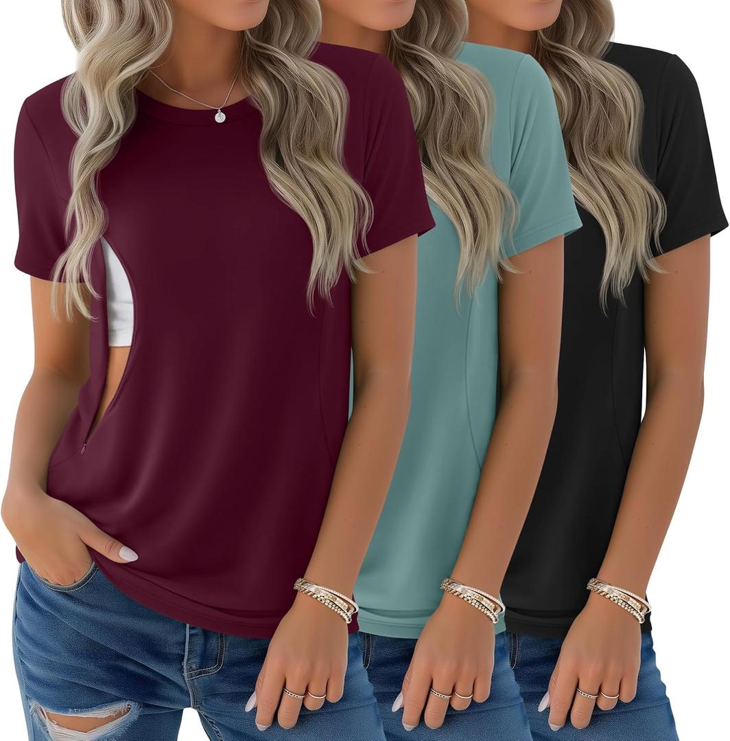 3 Pack Women's Nursing Shirts for Breastfeeding with Zippers Maternity Loose Short Sleeve Tops Pregnancy Clothes, L