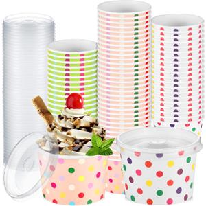 150 Pcs 8 Oz Ice Cream Cups with Lids Paper Snack Bowls with Lids Disposable Soup Containers Paper Dessert Cups Disposable Ice Cream Bowls for Cold or Hot Food Summer Graduation Party Supplies