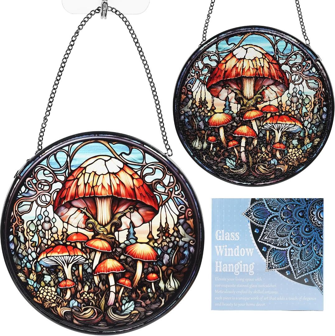Mushroom Stained Glass Window Hanging, Mushroom Gifts for Women Friends Suncatcher with Metal Chain and Hooks, Sun Catcher Glass Art for Indoor Window Decor