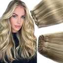 Sew In Real Human Hair Extensions, 18 Inch 100G, Balayage Ash Blonde Highlights, Hand Tied Weft, Sew In Weft Extensions