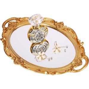 Zosenley Polyresin Ellipse Antique Decorative Mirror Tray, Makeup Organizer, Jewelry Organizer, Serving Tray, 9.8x 14.6, Gold