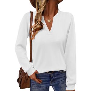 TICTICMIMI Women's V Neck Tops Long Sleeve Henley Shirts Casual Tunic Blouse (White, M)