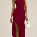 PRETTYGARDEN Women's Ruched Bodycon Dresses Summer Off Shoulder Asymmetrical High Split Elegant Cocktail Party Dress (Red, Large)