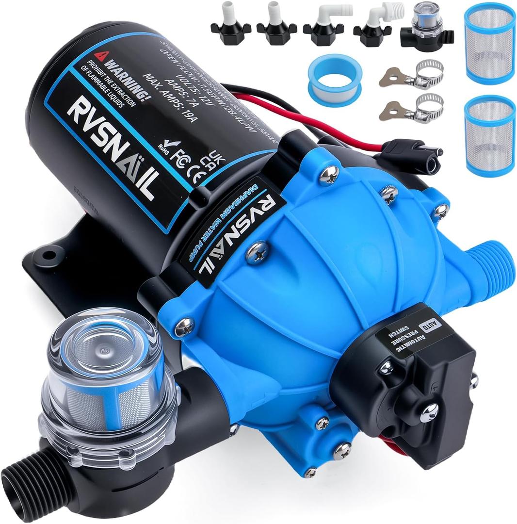 12V RV Water Pump, 7.5GPM 80PSI 5-Chamber Diaphragm Pump, Self-Priming with Heavy Duty Pressure Switch & Strainer for RV, Marine, Boat, Yacht, Caravan, Off-Grid Living