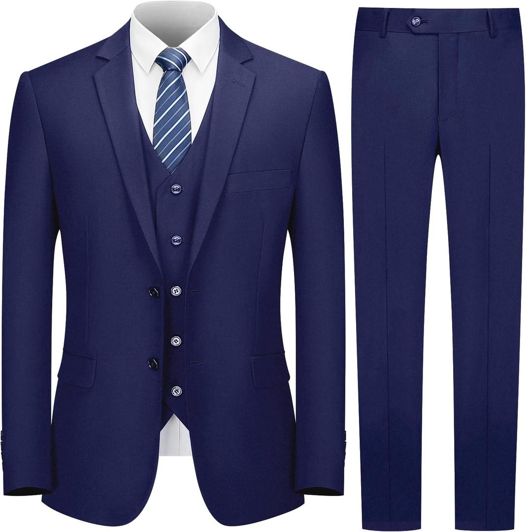 Cooper & Nelson 3 Piece Mens Suit Set, Slim Fit Suit for Men, Solid Jacket, Vest, Pants and Tie (4X-Large, Navy Blue)