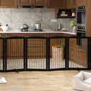 PUPETPO Freestanding Pet Gate for Dogs, Indoor Wooden Dog Gate for House, Extra Wide Foldable Dog Gate for Stair, Doorway, Hall, Support Feet Included, 120 Inch Wide, 6 Panels 32",Black&Gold