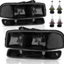 Headlight Assembly Front Lamp Compatible with 1999-2006 GMC Sierra 1500 2500, 2000-2006 GMC Yukon with Black Housing/Smoked Lens/Clear Corner with Bulbs