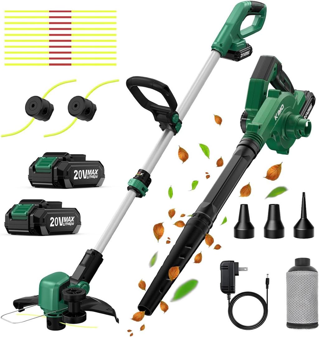 KIMO 20V Weed Wacker and Blower Combo w/2 x 2.0Ah Battery & Charger, 12 Inch String Trimmer w/10Pcs Cutting Lines, 4-in-1 Leaf Blower Cordless w/Vacuum, 3 Nozzles & 20" Extended Tube for Yard, Garden KIMO 20V Weed Wacker and Blower Combo w/2 x 2.0Ah Battery & Charger, 12 Inch String Trimmer w/10Pcs Cutting Lines, 4-in-1 Leaf Blower Cordless w/Vacuum, 3 Nozzles & 20" Extended Tube for Yard, Garden