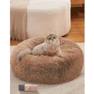 OhGeni Calming Donut Cat Bed Pillow for Small Pets, Machine Washable Removable Cover, Comfort Plush Fluffy Faux Fur with Anti-Slip Bottom, Dogs-Friendly Round Cuddly Design, Ocher, 20 inches
