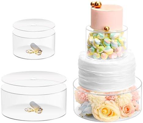 Choowin 2 Pcs Acrylic Cake Stand with Lid Fillable Cake Stand Floating Clear Cake Stand Cake Riser Cake Tier Round Cake Stand Birthday Wedding Cake Stand Cylinder Stand for Party(10 inch,6 inch)