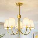 RUIYEY Modern Dining Room Chandelier - 20" 5-Light Gold Chandeliers Light Fixture with Fabric Shades, Height Adjustable Mid-Century Pendant Lighting Over Table for Bedroom Living Room Kitchen Island