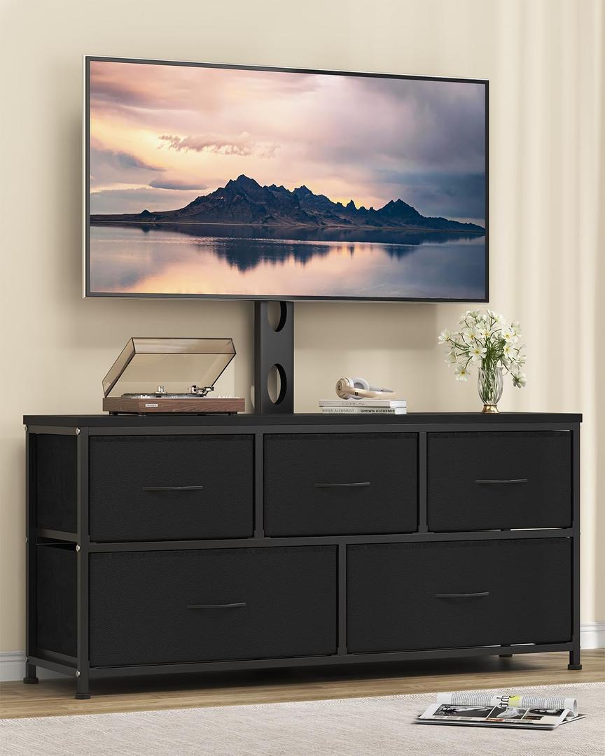TV Stand with Mount, Fabric Dresser with 5 Drawers for 32/45/55/60/65/75 inch TVs, Black Dresser Entertainment Center, Modern Media TV Console Table TV Stand with Mount, Fabric Dresser with 5 Drawers for 32/45/55/60/65/75 inch TVs, Black Dresser Entertainment Center, Modern Media TV Console Table