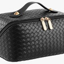 Large Capacity Travel Cosmetic Bag  PU Leather Makeup Organizer Bag Portable Woven Makeup Bags for Women Waterproof Travel Toiletry Bag with Divider Pouch, Black