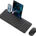 Wireless Keyboard and Mouse Combo with Phone Tablet Holder, Rechargeable Dual-Mode (Bluetooth 5.0 and 3.0 +2.4G) Multi-Device Silent Mouse for Windows, iPad, Tablet, MacOS,iOS,Android(Black)