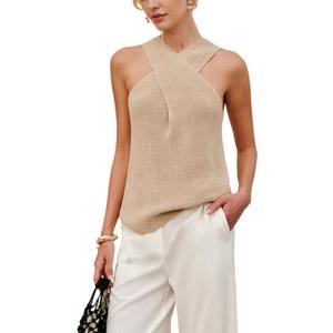 Yeokou Women Halter Cross Over Collar Tank Knit Sleeveless Top Solid Color Casual Summer Blouse(Khaki-M)