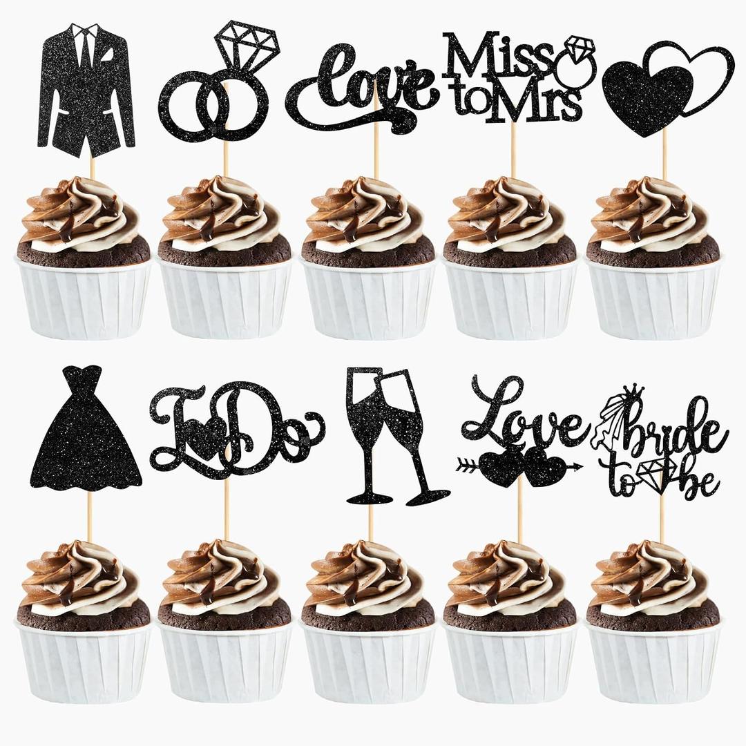 60 Pcs Bride to be Cupcake Toppers,Glitter Wedding Cupcake Toppers I Do Love Heart Ring Cupcake Picks for Bridal Shower Wedding Engagement Party Supplies,Black