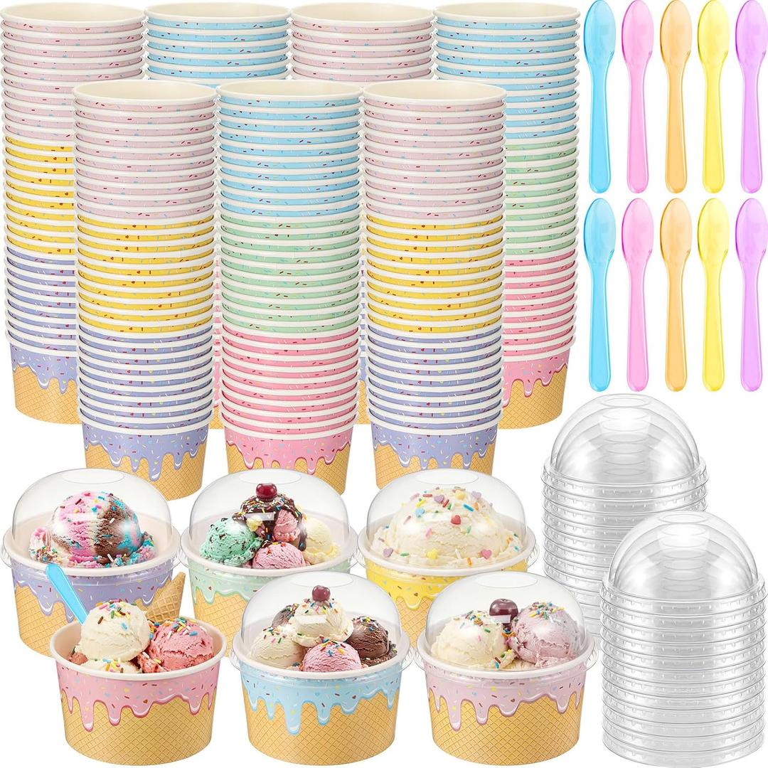 Jingmore 120 Set 8oz Ice Cream Paper Cups with Lids and Spoons, Disposable Sundae Bowls, Dessert Cups for Birthday Party Supplies, Paper Ice Cream Bowls Bulk for Yogurt, Snacks