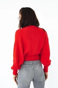 Women's Cropped Turtleneck Sweater Lantern Sleeve Ribbed Knit Pullover Sweater Jumper, Red, Small