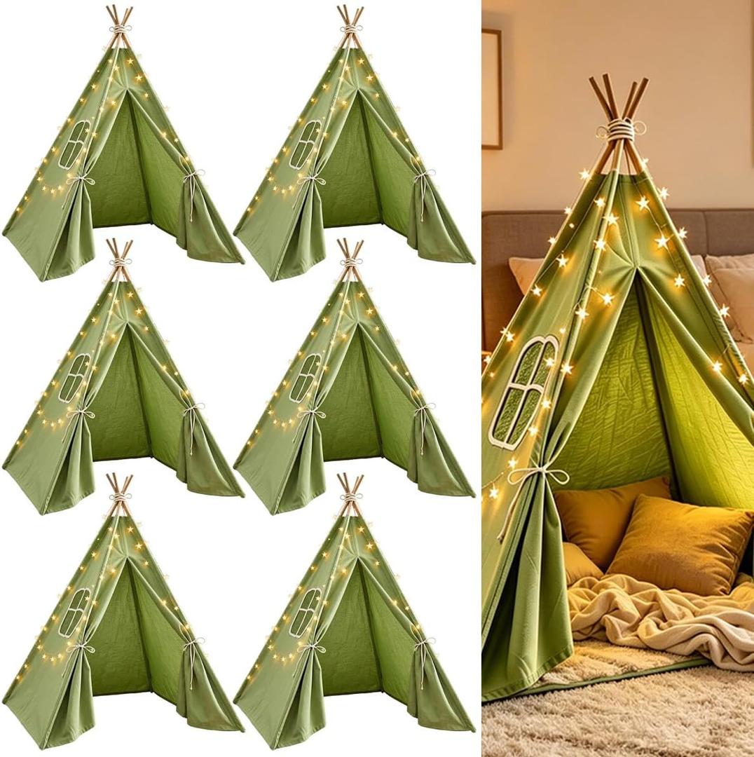 Teepee Tent for Kids,with String Lights,6 Pack(Green), 47x55 inches