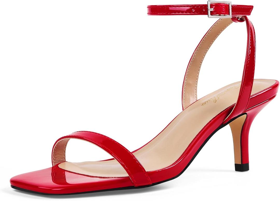 GENSHUO Women's Kitten Low Heels Square Open Toe Ankle Strap Sandals Sexy Strappy 2 Inch High Heels for Women Comfort Dress Party Wedding Shoes (8, Red)