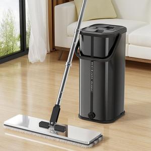 Flat Mop and Bucket for Home with Extra Refills, Stainless Steel Mop and Bucket with Wringer, Hands-Free Mop, Wet and Dry Use Mop with Long Handle (Black)