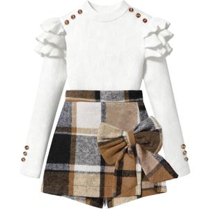 Girls Clothes Ruffle Long Sleeve shirt Top and Bowtie Plaid Skort Set 2PCS Girls Fall Outfits 6-16 Years (White)