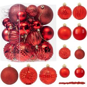 41PCS Red Christmas Ornaments Set - Shatterproof Christmas Tree Ornaments with Icicle for Holiday Party - Vintage Xmas Decorations in 4 Sizes