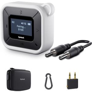 Syntech Airplane Bluetooth Transmitter Receiver for Airpods or Headphones, LED Display Dual Pairs Low Latency Wireless Bluetooth 5.3 Audio Adapter with Extra Dual 3.5mm AUX Adapter for Flight Car (White)