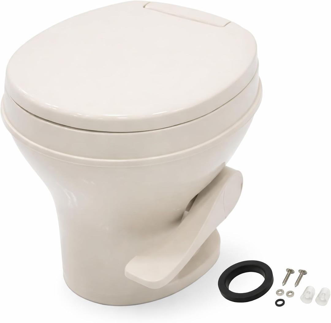 SEAFLO Bone RV Toilet, Residential Height 18.4", Gravity Flush Foot Pedal, Soft Close Seat, Camper Toilet for RV Motorhome Travel Trailer, Parchment, SFRTPH-02-01