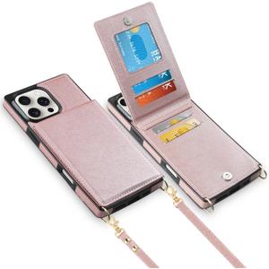 Vofolen for iPhone 16 Pro Case with Card Holder Crossbody Lanyard Strap Leather Wallet Case with Magnetic Clasp Kickstand Heavy Duty Protective Flip Cover for iPhone 16 Pro for Women, Rose Gold