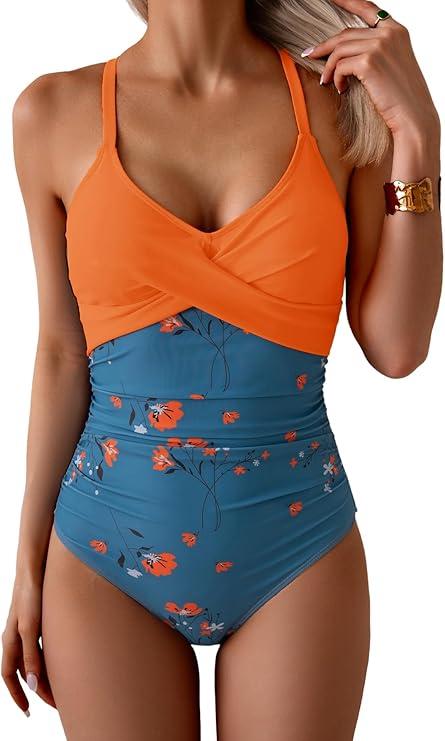 B2prity Women's One Piece Swimsuits Tummy Control Front Cross Bathing Suits Tie Back Slimming V Neck Swimwear, Large