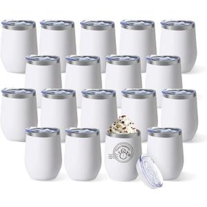 18 Pack Stainless Steel Wine Tumbler with lid, 12oz Insulated Powder Coated Wine Tumbler Stemless Double Wall Vacuum Wine Glass Coffee Tumbler Bulk for Laser Engrave, DIY Gift, White