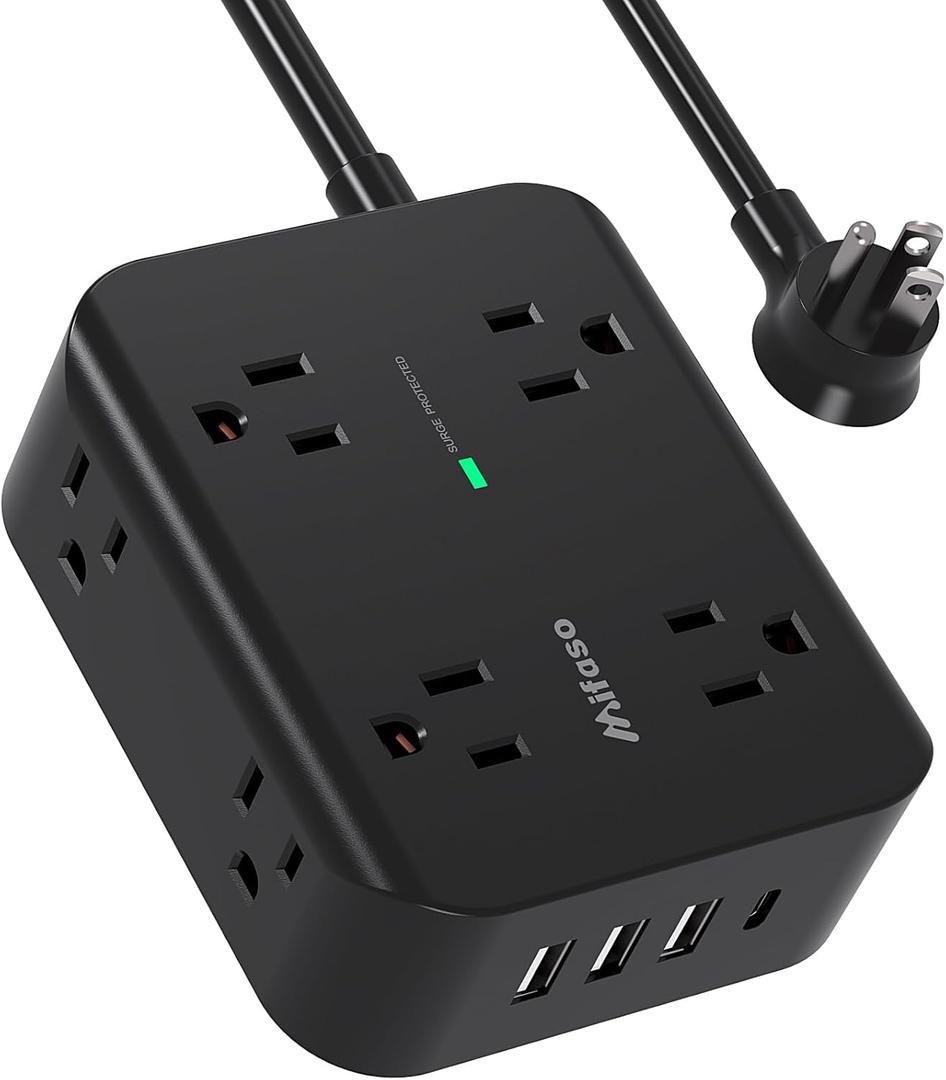 Extension Cord 15FT - 8 Outlets Power Strip Surge Protector with USB Ports, Heavy-Duty Braided Extension Cord, Flat Plug, 15A Circuit Breaker, Charging Station Overload Protection (Black)