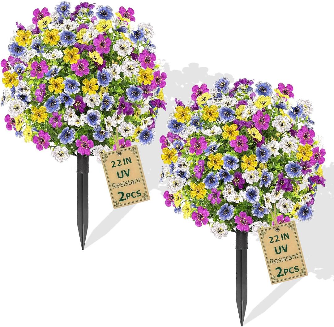 2 Pack Artificial 4 Colors Flowers Topiary Ball Tree, 22" Fake Plants with Ground Spike, UV-Resistant Faux Shrub, Realistic Artificial Colorful Bushes for Indoor/Outdoor Front Porch & Garden Decor