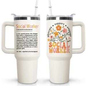 Ceovfoi Social Worker Tumbler with Handle Lid and Straw,40 Oz Social Worker Tumbler Water Bottle Travel Coffee Cup Mug,Social Workerr Gifts for Women