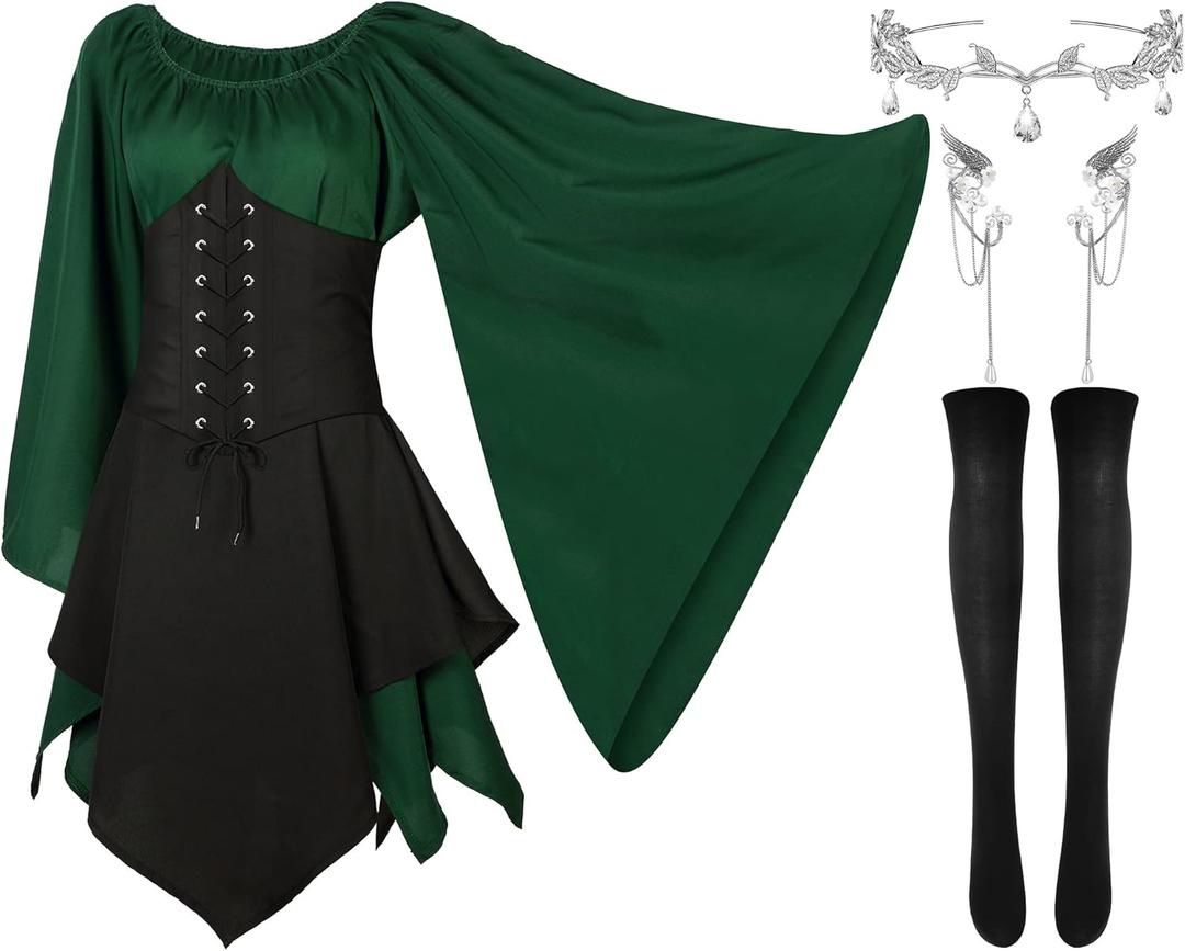 Haysandy 4 Pcs Women Elf Costume Renaissance Traditional Irish Dress Fairy Ears for Halloween Cosplay (X-Small, Green, Black)