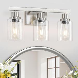 3-Light Bathroom Light Fixtures, Nickel Bathroom Vanity Light with Clear Glass Shade, Modern Bathroom Wall Lights Over Mirror, Farmhouse Wall Sconces Lighting for Bedroom Living Room