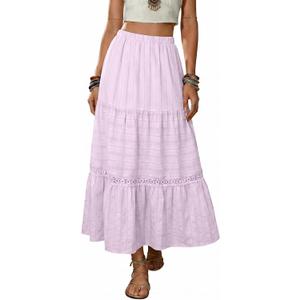 BLENCOT Women's Long Skirt Boho Crochet Lace Tiered High Waisted Cotton A-Line Flowy Maxi Skirt (Purple, S)