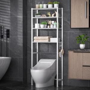 KMwisde 4 Tier Over The Toilet Storage, Bathroom Organizer Shelves with Adjustable Height, Above Toilet Storage Cabinet with Freestanding Rack, White, 24.6 x 9.8 x 64.8 inches