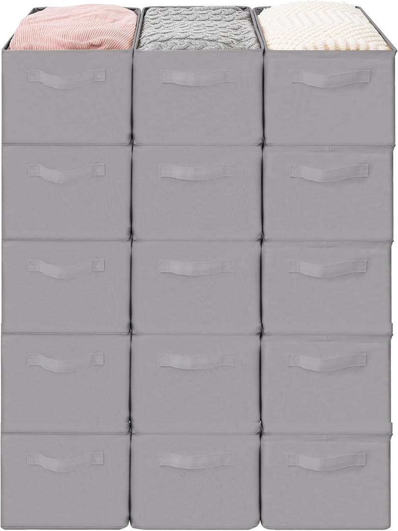 Storage Basket Bins with Metal Frame, Large Collapsible Fabric Storage Baskets for Organizing Shelf, Basket Organizer W/Handles for Blankets, Towels, Laundry, Shelves, 15-Pack, Grey