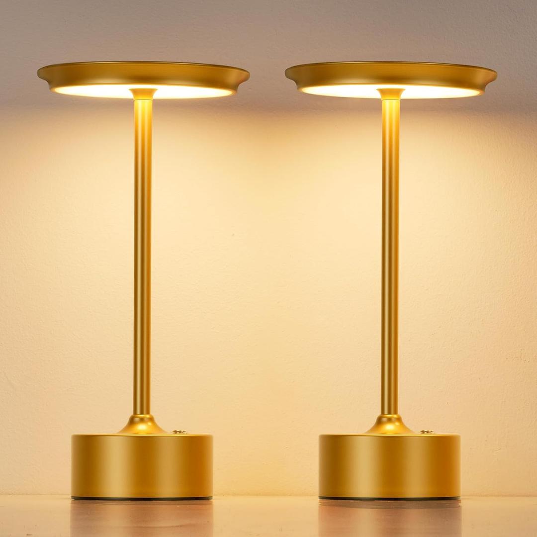 PUSU Rechargeable Table Lamps Set of 2, Gold Cordless LED 4000mAh Battery Desk Lamp, Stepless Dimming & 3 Color 2700K-6000K, Portable Lamp for Bedroom, Living Room, Restaurant, Outdoor, Night Light
