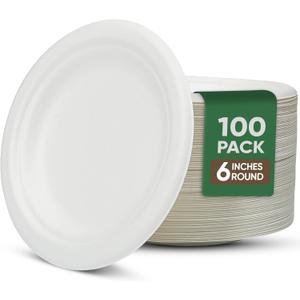 TaidMiao Dessert Plates, 100 Pack Small Paper Plates, Paper Plates 6 Inch 100% Compostable Plates, Water & Oil Proof Disposable Plates, Microwavable Perfect Paper Plate For Party - White