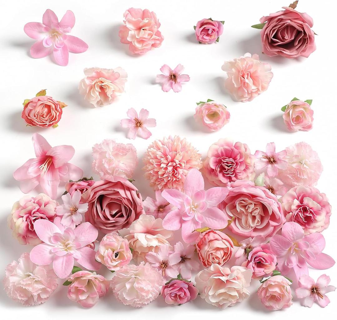 rongflower Fake Flower Heads for Crafts - Pink Silk Artificial Roses, Peonies, Daisies & Mini Floral Heads Bulk (48-Pack) for Wedding Decor, Graduation Cap, Cake Topper, Baby Shower, Home Decoration