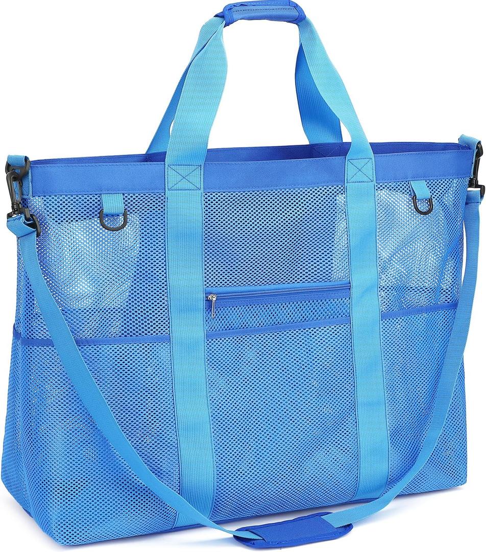 Mesh Beach Bag, Large Beach Tote with Zipper Pocket, Toys Pool Bag for Family Travel Vacation Cruise Essentials (Xxl, Zipper Closure - Blue)