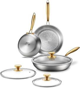 Titanium Pans | 8+10+12 Inch Pure Titanium Skillet Set with Lids for Cooking | Hammered Chef-Grade Tagine Design | PFAS/PFOA/PTFE-Free | Induction & Oven-Safe, Dishwasher Safe