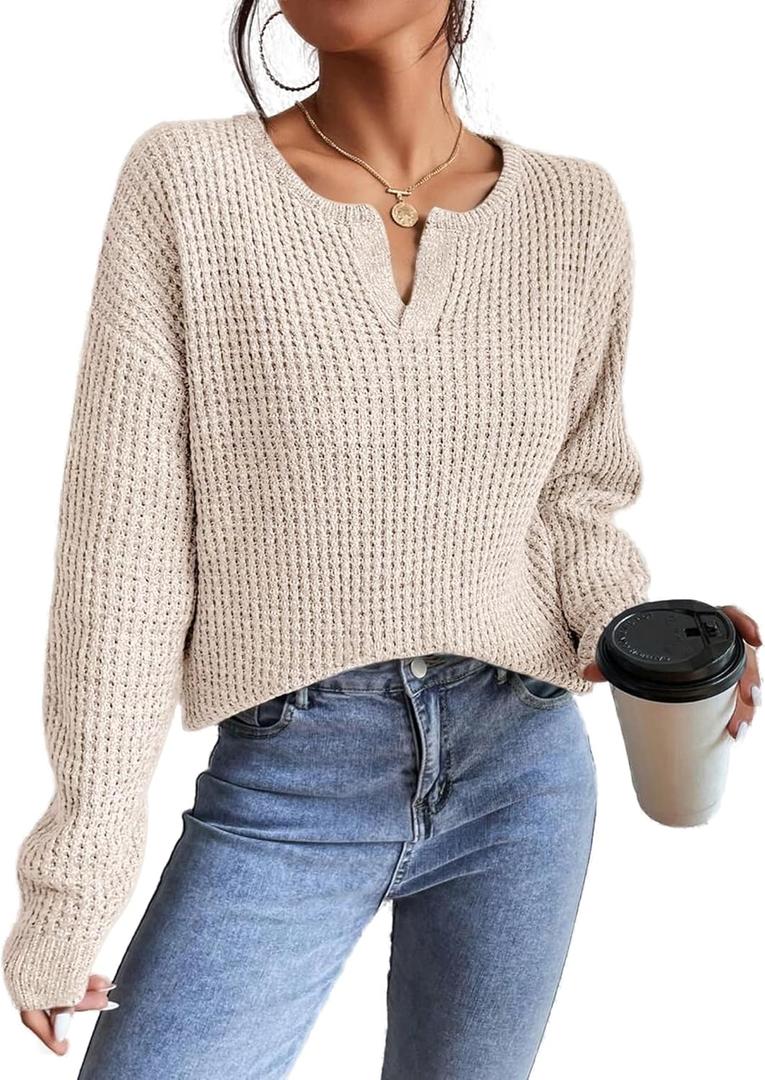 Womens Sweaters Casual Drop Shoulder Long Sleeve V Neck Pullover Tops Trendy Fall Fashion Clothes 2025 (Small, Khaki)