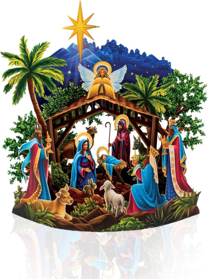 Freshcut Paper Pop Up Christmas Cards, 15 Inch Starlit Nativity, Pop Up 3D Greeting Cards, Paper Nativity Scene Decoration, Christmas Card, Holiday Card, Blank Notecard & Envelope