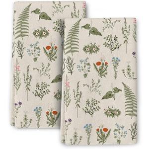 Vintage Floral Kitchen Towels Decorative Set of 2 Sage Green Herbs and Wildflowers Dish Towels Cute Botanic Absorbent Hand & Tea Towel for Kitchen Farmhouse Spring Summer Decor 16"x24"