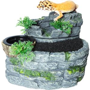 500ML Reptile Waterfall Fountain, Reptile Water Drinking Fountain for Bearded Dragons, Geckos & Lizards  Terrarium Waterfall with Feeding Bowl, Flowing Water, Natural Resin